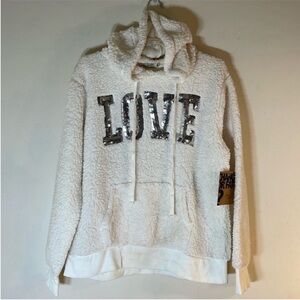 CHANCE OR FATE Boho Glitter “LOVE “ Teddy Hoodie. XL. NWT.